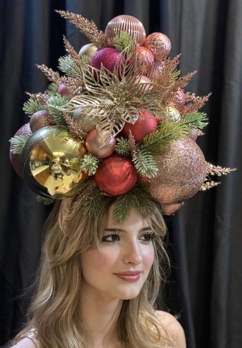 Yuletide Splendor Fascinator, Christmas Ornament Crown, Holiday Fascinator, Gold Poinsettia Headpiece, Statement Crown, Winter Gala Crown