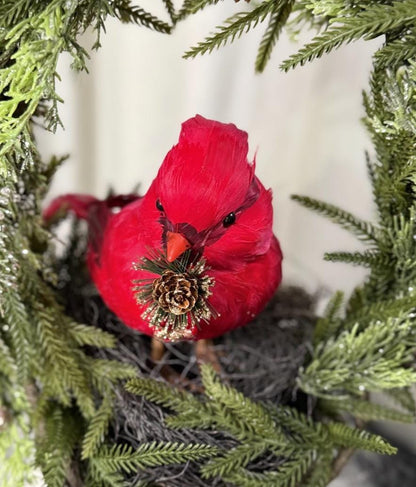 Winter’s Watcher Fascinator Crown, Cardinal Bird Headpiece, Christmas Woodland Crown, Holiday Headpiece, Evergreen Wreath Crown