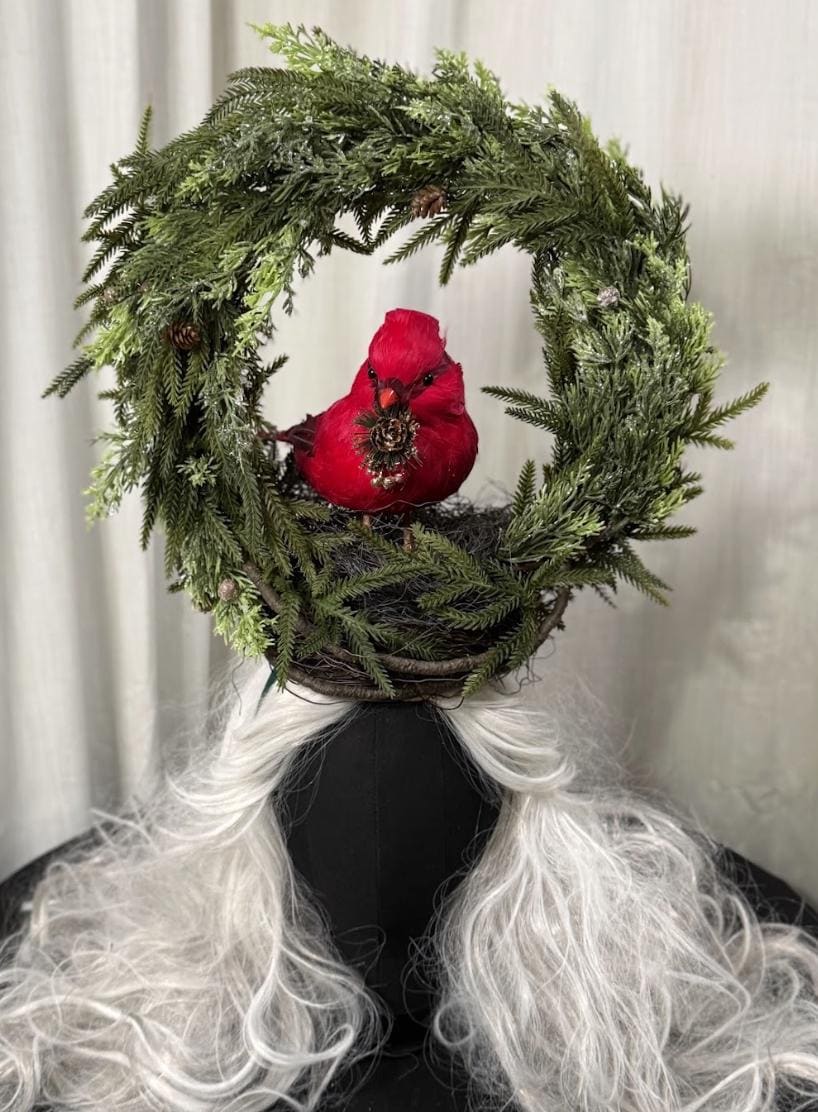 Winter’s Watcher Fascinator Crown, Cardinal Bird Headpiece, Christmas Woodland Crown, Holiday Headpiece, Evergreen Wreath Crown