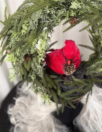 Winter’s Watcher Fascinator Crown, Cardinal Bird Headpiece, Christmas Woodland Crown, Holiday Headpiece, Evergreen Wreath Crown