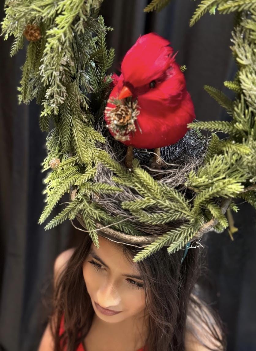 Winter’s Watcher Fascinator Crown, Cardinal Bird Headpiece, Christmas Woodland Crown, Holiday Headpiece, Evergreen Wreath Crown