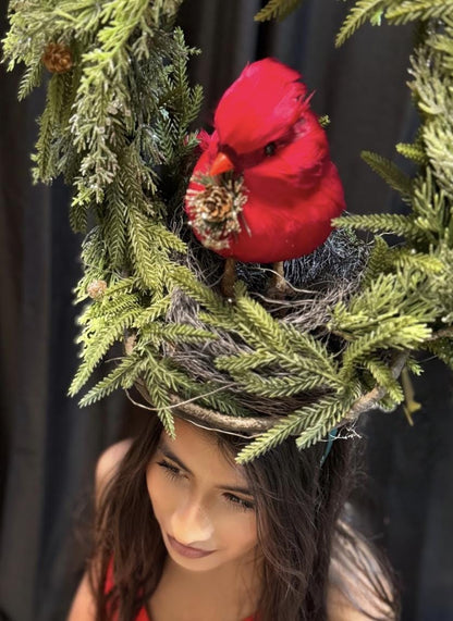 Winter’s Watcher Fascinator Crown, Cardinal Bird Headpiece, Christmas Woodland Crown, Holiday Headpiece, Evergreen Wreath Crown