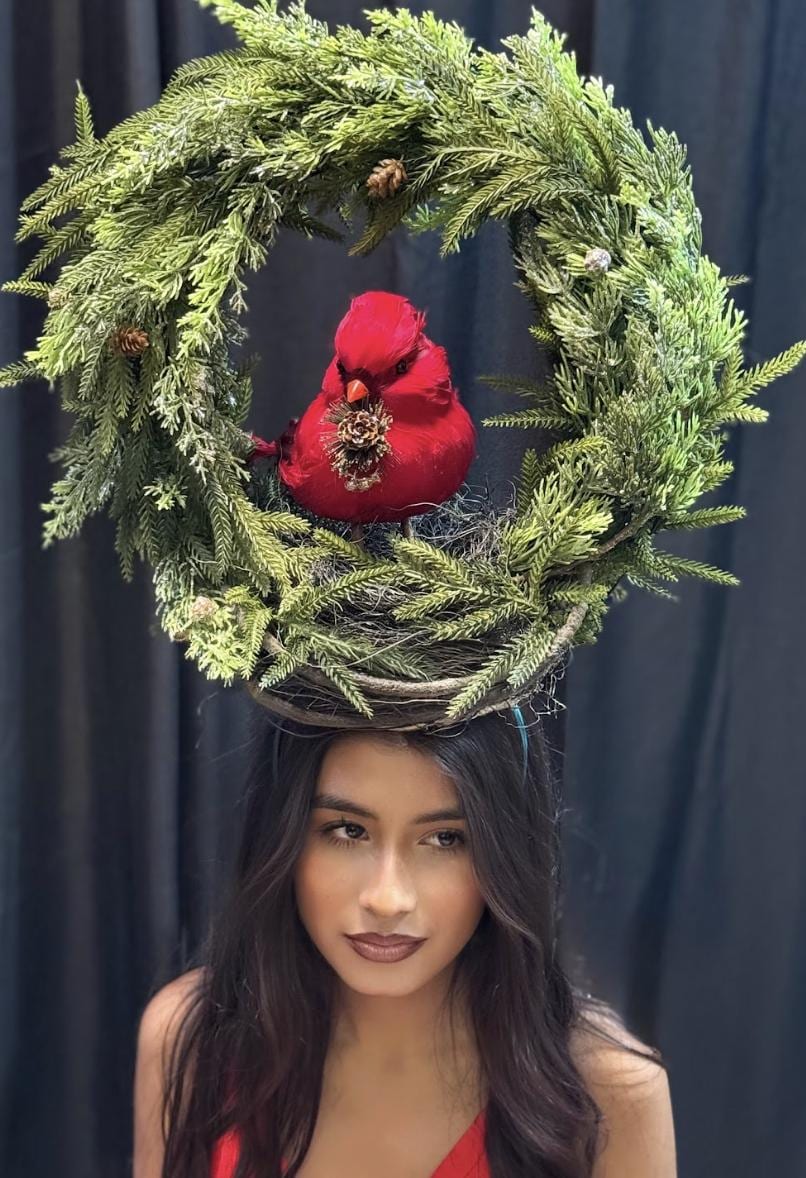 Winter’s Watcher Fascinator Crown, Cardinal Bird Headpiece, Christmas Woodland Crown, Holiday Headpiece, Evergreen Wreath Crown