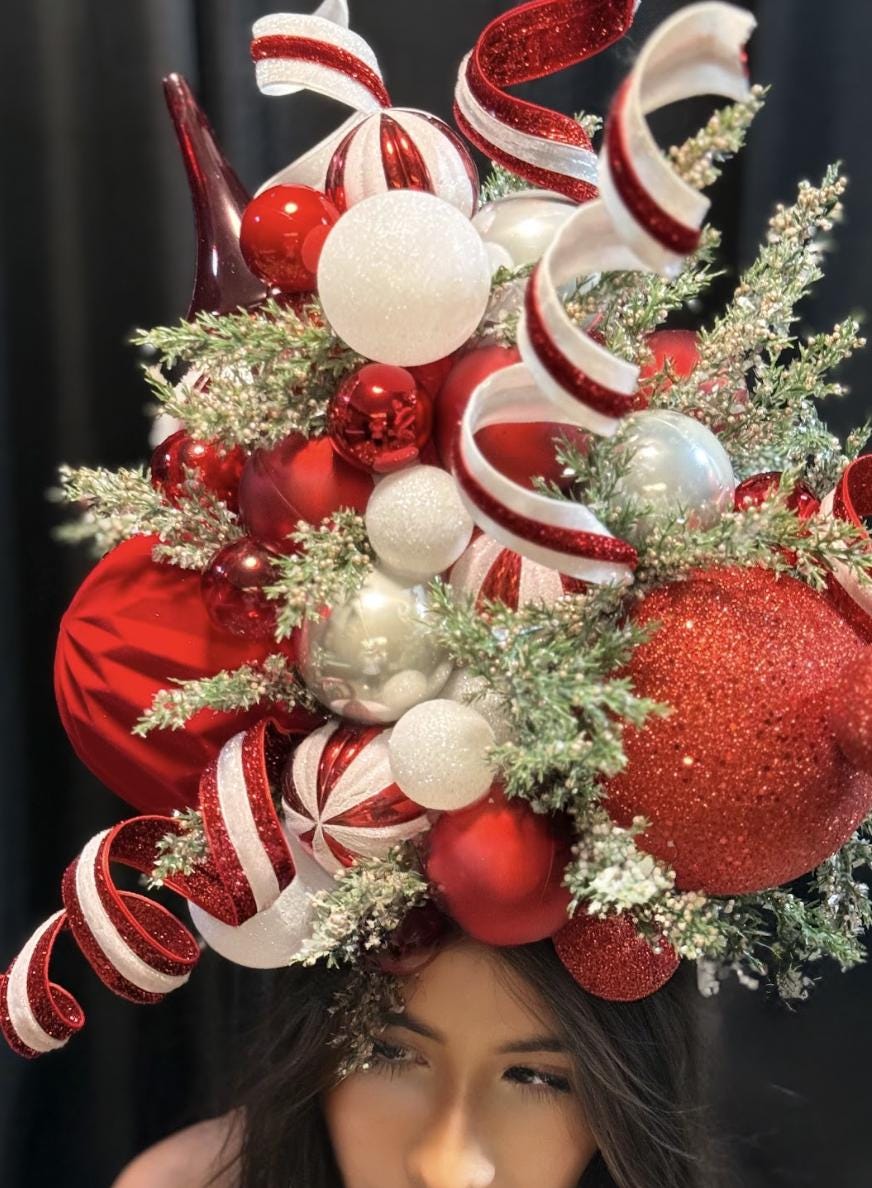 Candy Cane Courtier – Grand Red & White Holiday Fascinator |  Crown, Elven Princess Headpiece, Fairy-core, Ren Faire, Holiday Photoshoot
