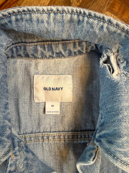 Vintage Denim Jacket XS OLD NAVY – Distressed Light Wash Women's Jean Jacket – Forever in Blue Jeans Inspo Closet
