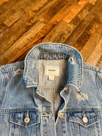 Vintage Denim Jacket XS OLD NAVY – Distressed Light Wash Women's Jean Jacket – Forever in Blue Jeans Inspo Closet