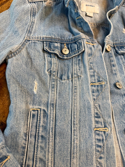 Vintage Denim Jacket XS OLD NAVY – Distressed Light Wash Women's Jean Jacket – Forever in Blue Jeans Inspo Closet