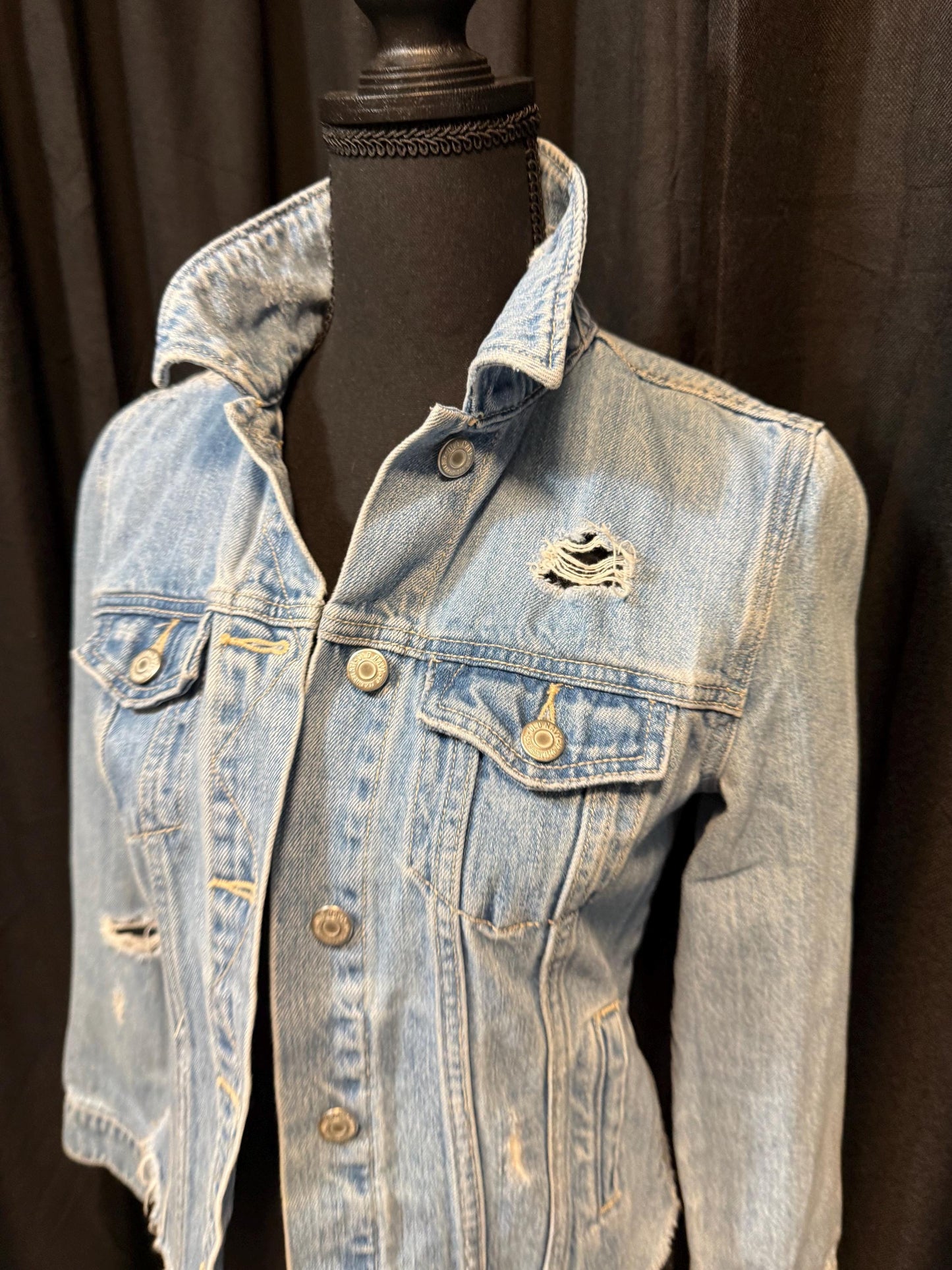 Vintage Denim Jacket XS OLD NAVY – Distressed Light Wash Women's Jean Jacket – Forever in Blue Jeans Inspo Closet