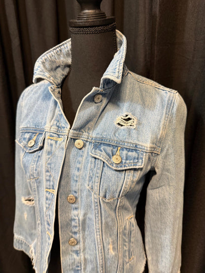 Vintage Denim Jacket XS OLD NAVY – Distressed Light Wash Women's Jean Jacket – Forever in Blue Jeans Inspo Closet