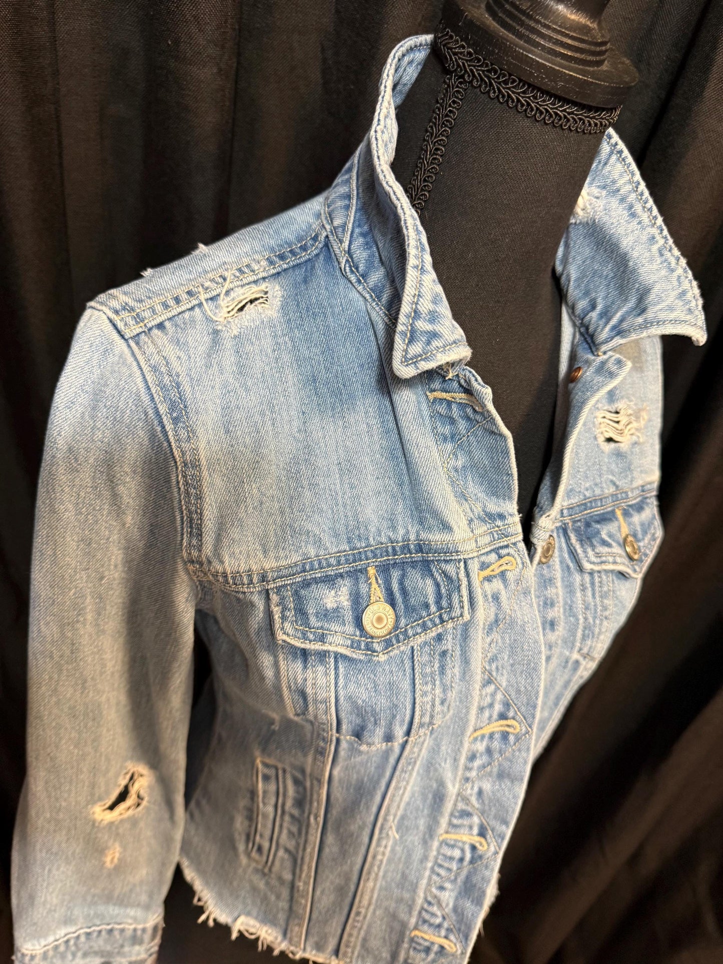 Vintage Denim Jacket XS OLD NAVY – Distressed Light Wash Women's Jean Jacket – Forever in Blue Jeans Inspo Closet