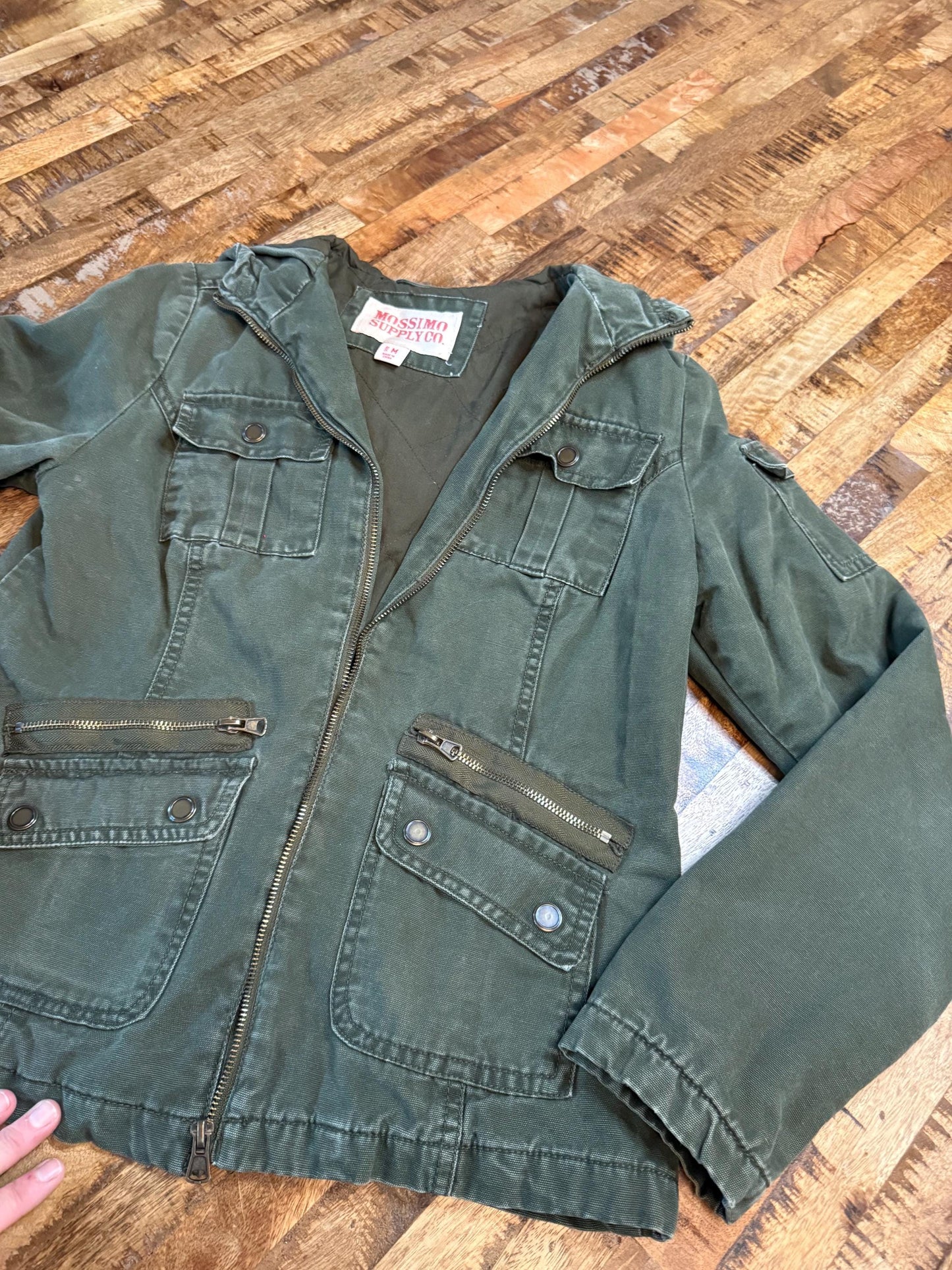 Vintage Olive Military Utility Jacket M MOSSIMO – Hooded Multi Pocket Field Jacket – Fortunate Son Inspo Closet