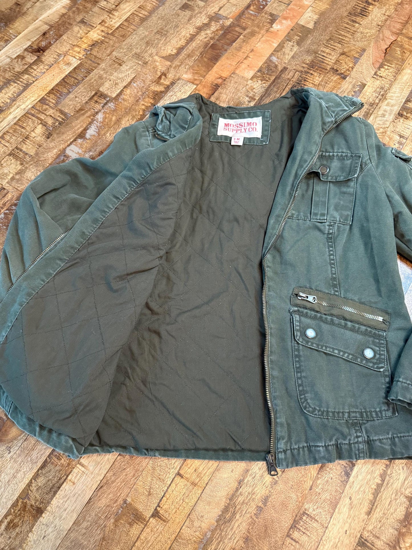 Vintage Olive Military Utility Jacket M MOSSIMO – Hooded Multi Pocket Field Jacket – Fortunate Son Inspo Closet