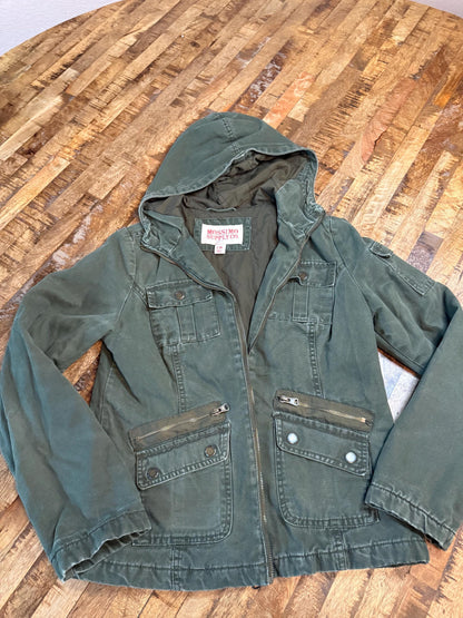 Vintage Olive Military Utility Jacket M MOSSIMO – Hooded Multi Pocket Field Jacket – Fortunate Son Inspo Closet
