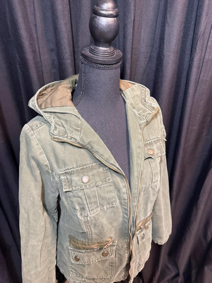 Vintage Olive Military Utility Jacket M MOSSIMO – Hooded Multi Pocket Field Jacket – Fortunate Son Inspo Closet