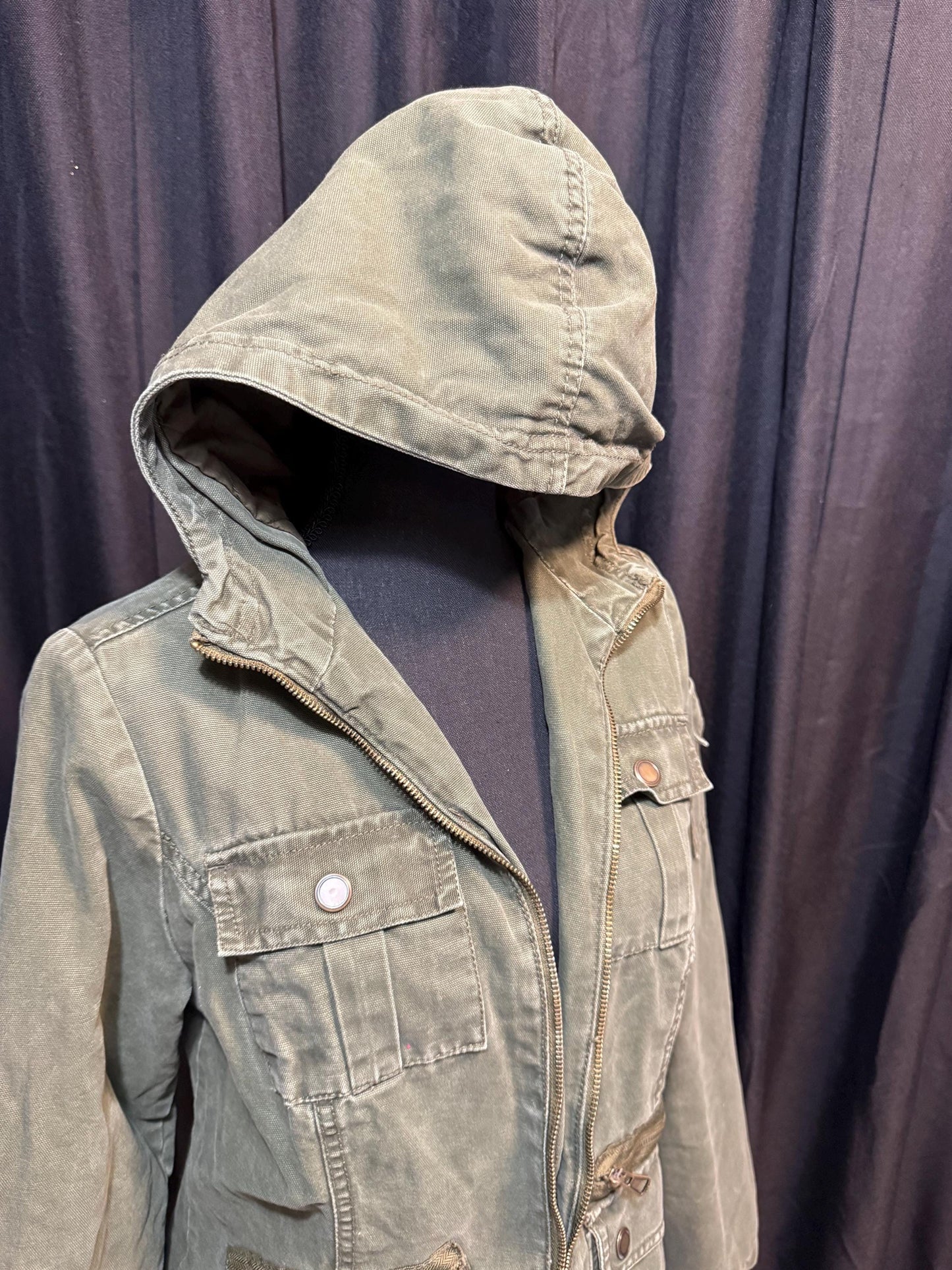 Vintage Olive Military Utility Jacket M MOSSIMO – Hooded Multi Pocket Field Jacket – Fortunate Son Inspo Closet