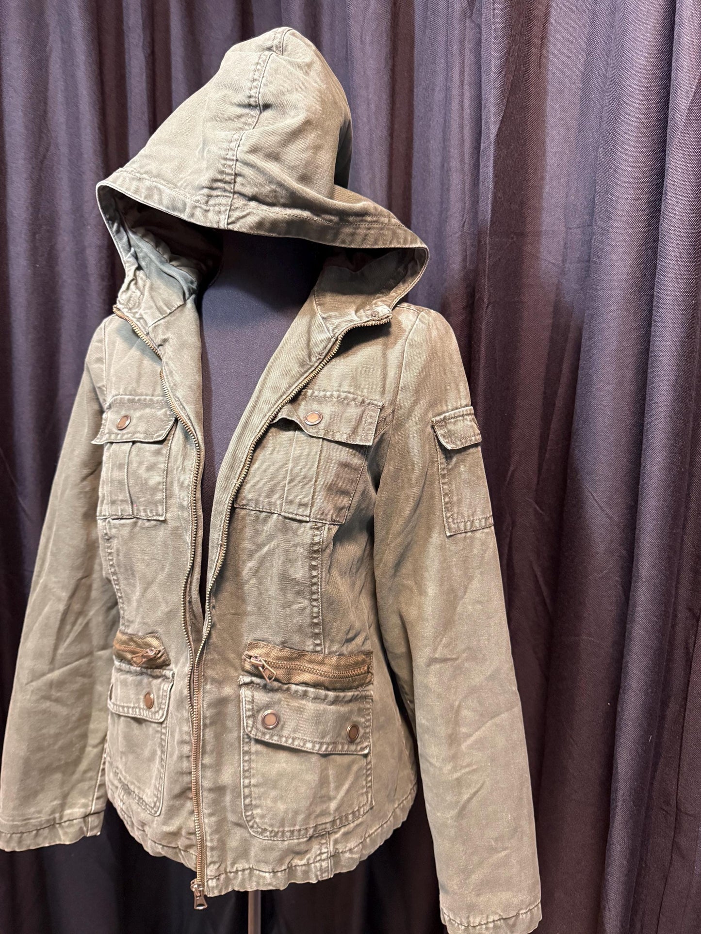 Vintage Olive Military Utility Jacket M MOSSIMO – Hooded Multi Pocket Field Jacket – Fortunate Son Inspo Closet