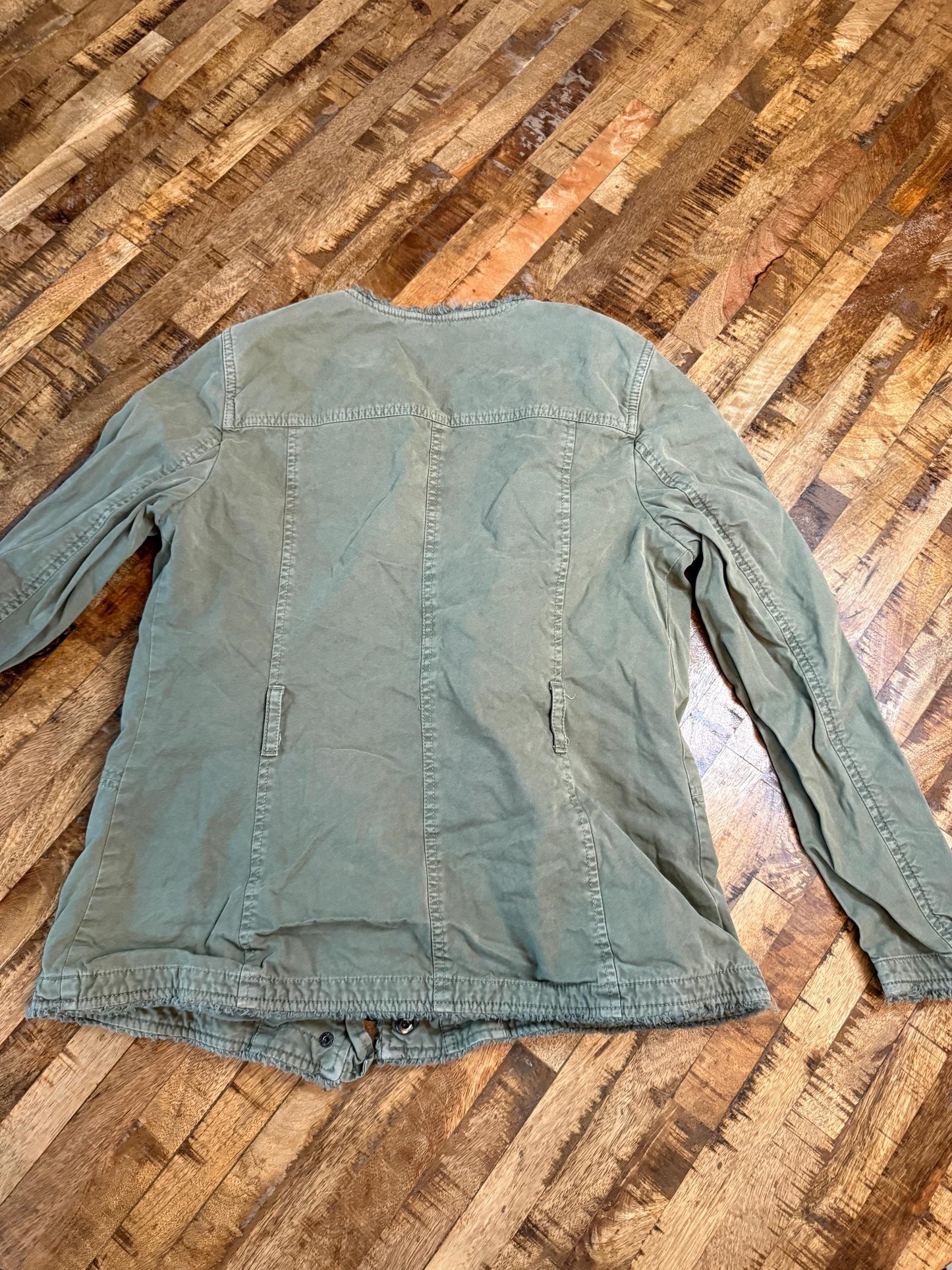 Vintage Olive Military Utility Jacket M BANANA REPUBLIC – Collarless Multi Pocket Field Jacket – Fortunate Son Inspo Closet