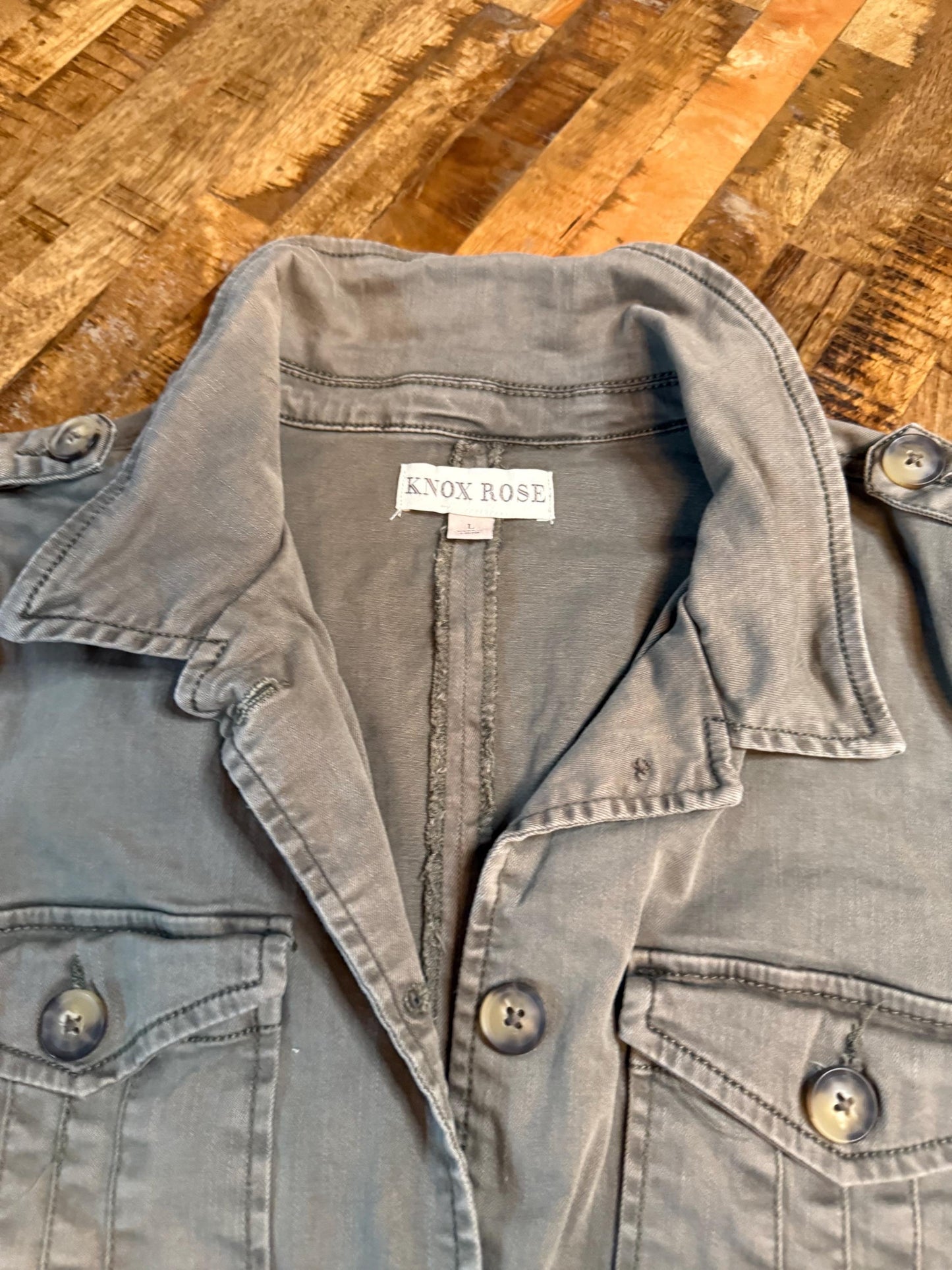 Vintage Olive Military Utility Jacket L KNOX ROSE – Button Front Field Jacket – Fortunate Son Inspo Closet