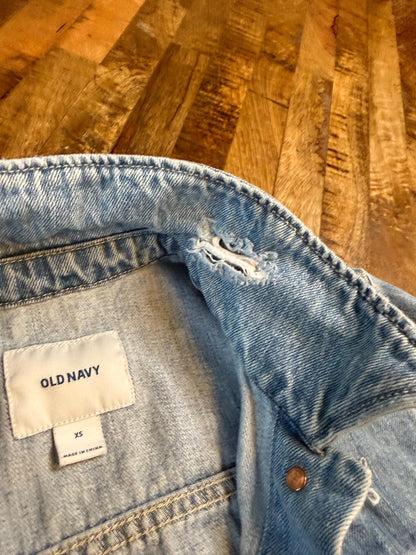 Vintage Denim Jacket XS OLD NAVY – Distressed Light Wash Women's Jean Jacket – Forever in Blue Jeans Inspo Closet