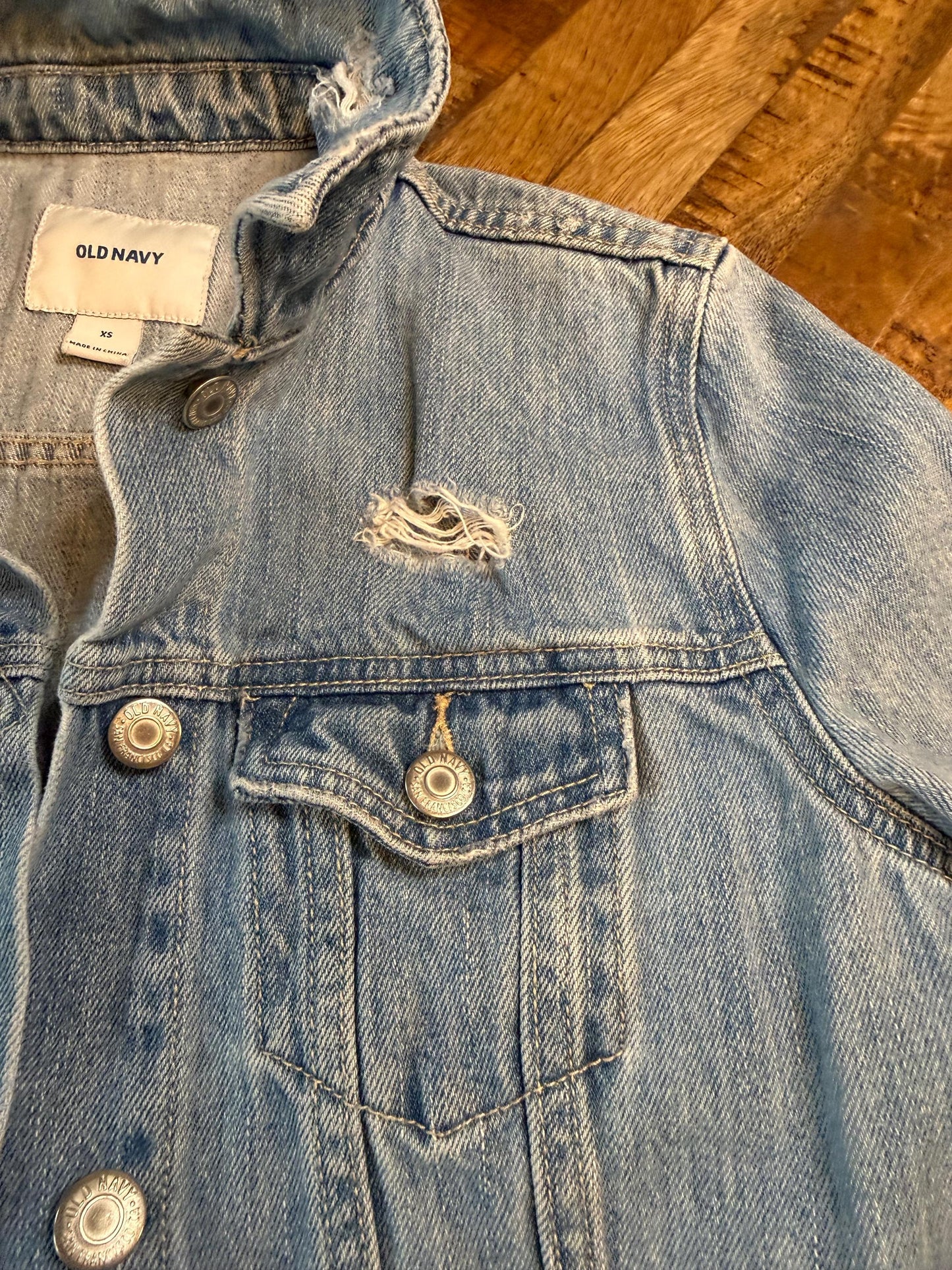 Vintage Denim Jacket XS OLD NAVY – Distressed Light Wash Women's Jean Jacket – Forever in Blue Jeans Inspo Closet