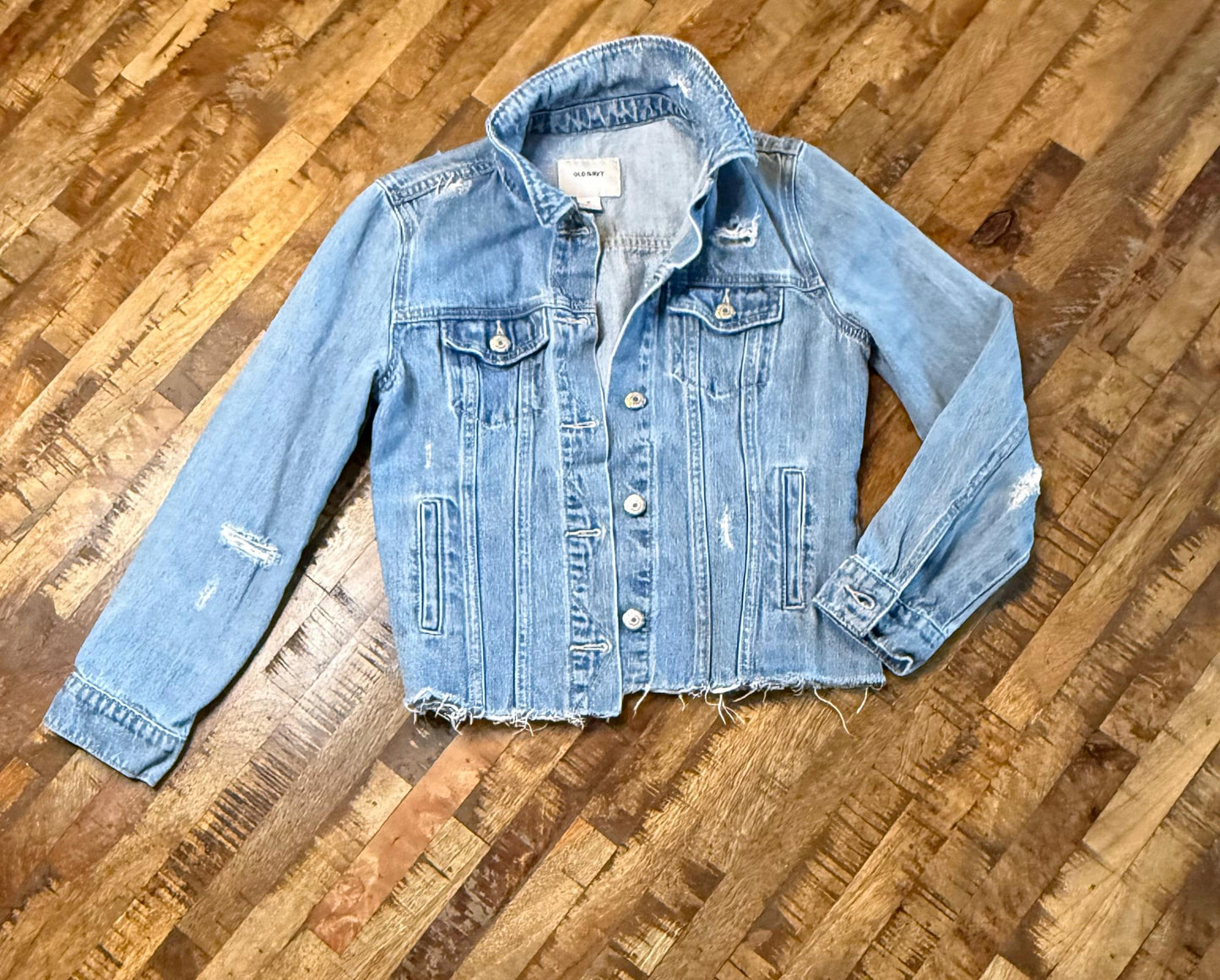 Vintage Denim Jacket XS OLD NAVY – Distressed Light Wash Women's Jean Jacket – Forever in Blue Jeans Inspo Closet