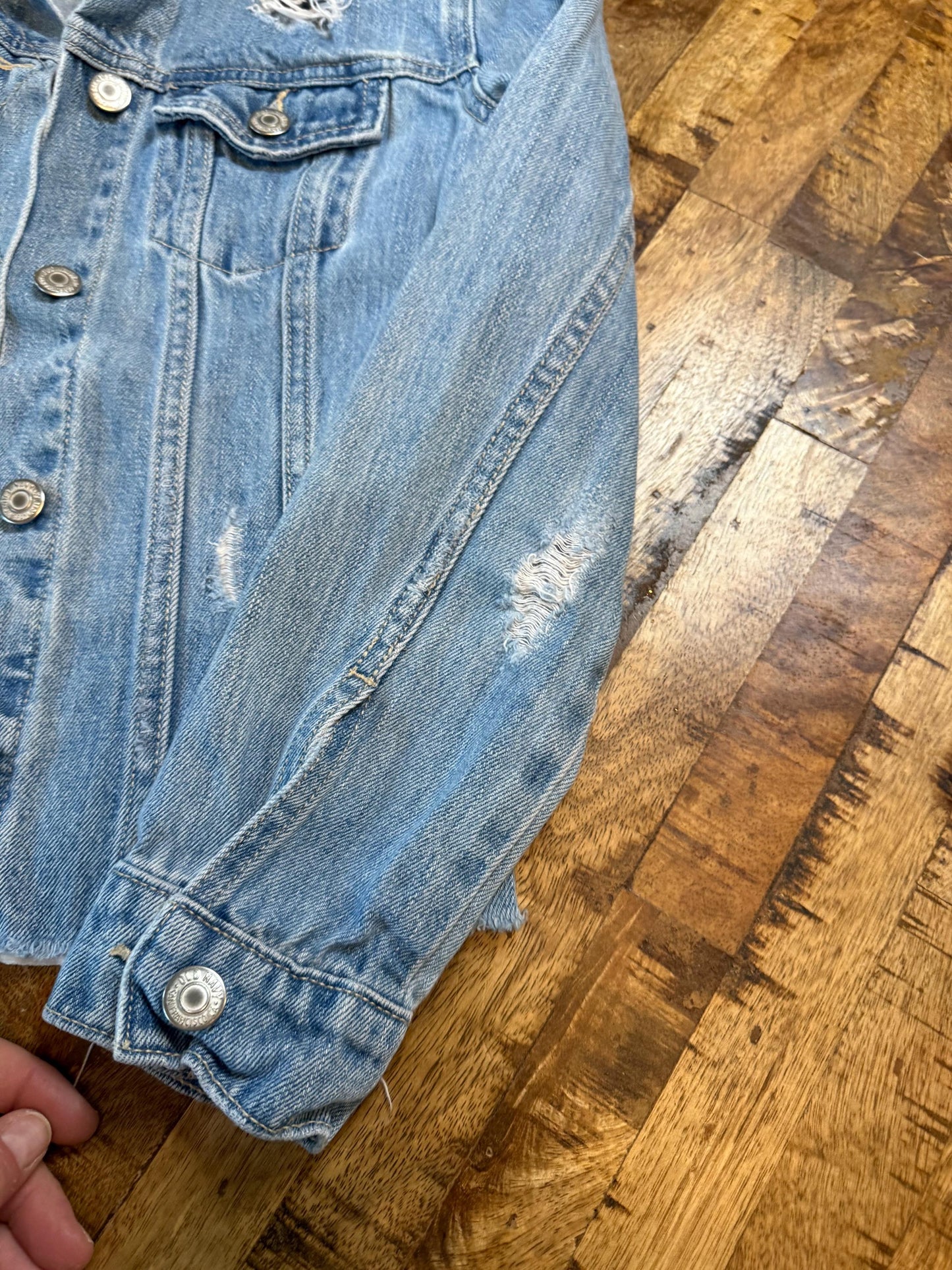 Vintage Denim Jacket XS OLD NAVY – Distressed Light Wash Women's Jean Jacket – Forever in Blue Jeans Inspo Closet