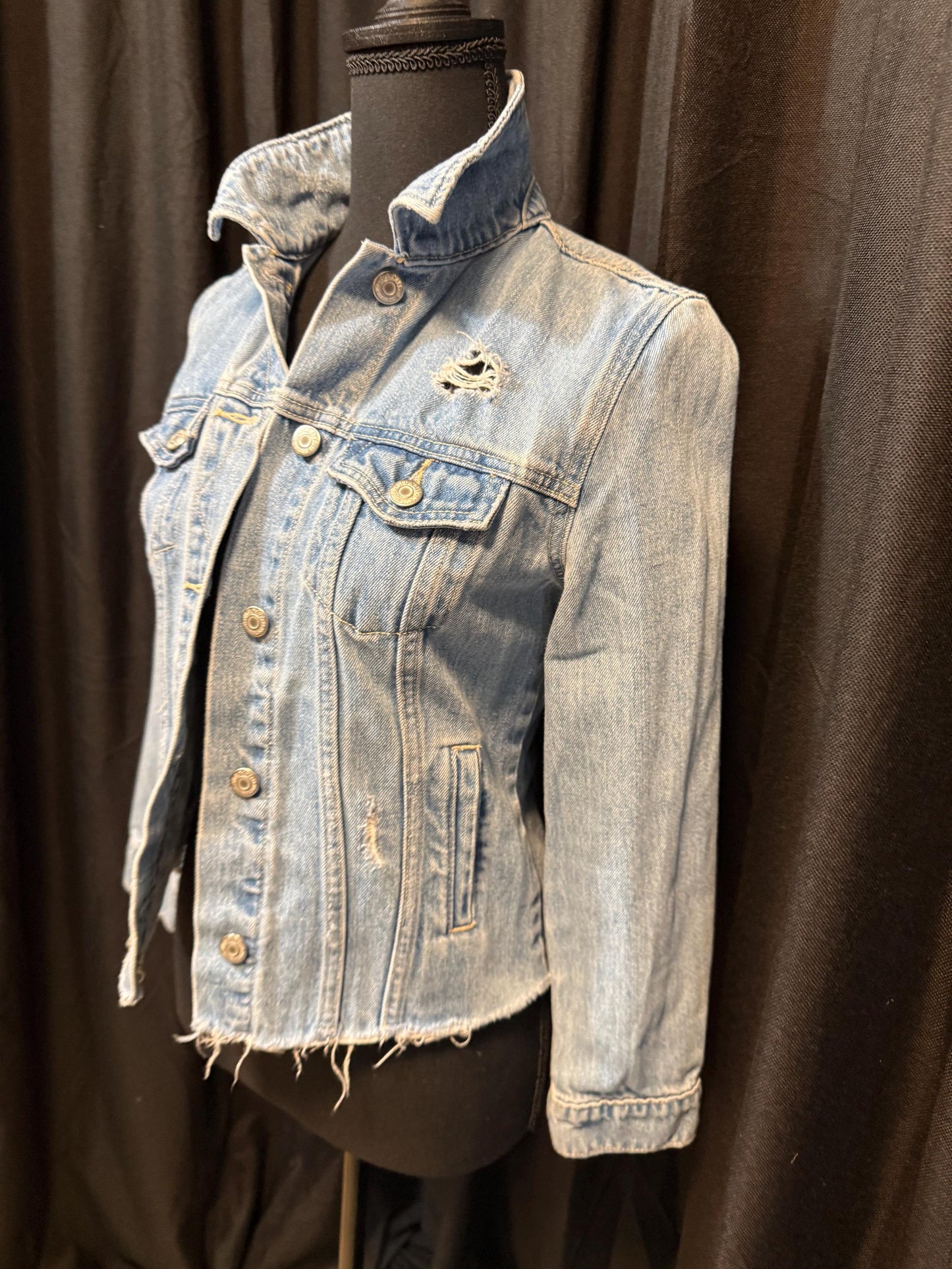 Vintage Denim Jacket XS OLD NAVY – Distressed Light Wash Women's Jean Jacket – Forever in Blue Jeans Inspo Closet