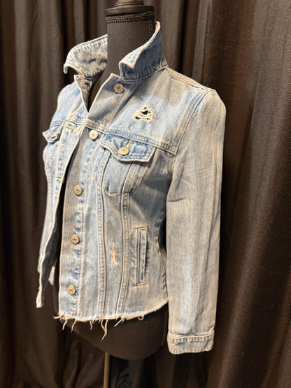 Vintage Denim Jacket XS OLD NAVY – Distressed Light Wash Women's Jean Jacket – Forever in Blue Jeans Inspo Closet