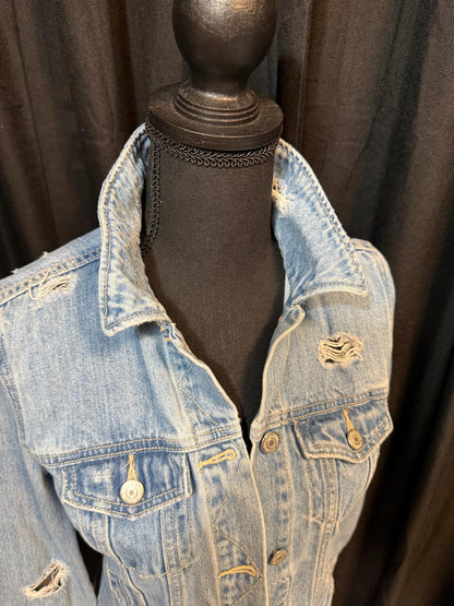 Vintage Denim Jacket XS OLD NAVY – Distressed Light Wash Women's Jean Jacket – Forever in Blue Jeans Inspo Closet
