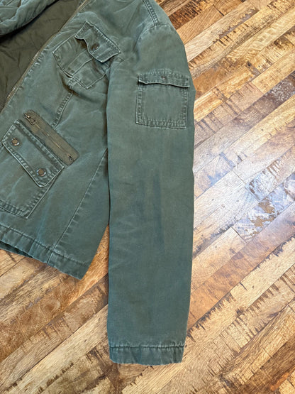 Vintage Olive Military Utility Jacket M MOSSIMO – Hooded Multi Pocket Field Jacket – Fortunate Son Inspo Closet