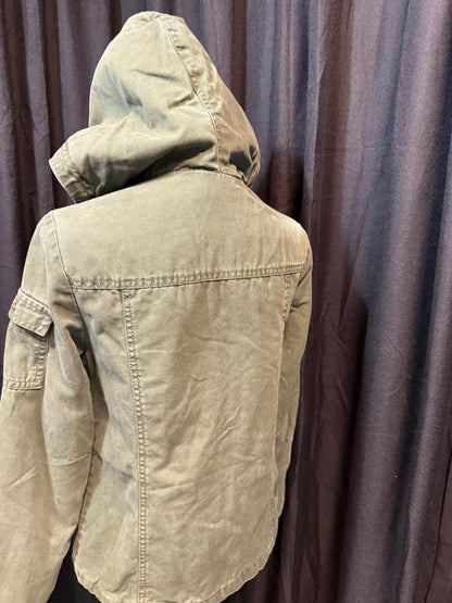 Vintage Olive Military Utility Jacket M MOSSIMO – Hooded Multi Pocket Field Jacket – Fortunate Son Inspo Closet