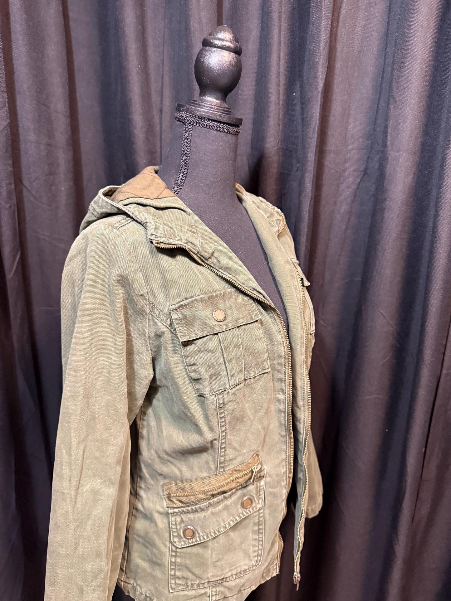Vintage Olive Military Utility Jacket M MOSSIMO – Hooded Multi Pocket Field Jacket – Fortunate Son Inspo Closet