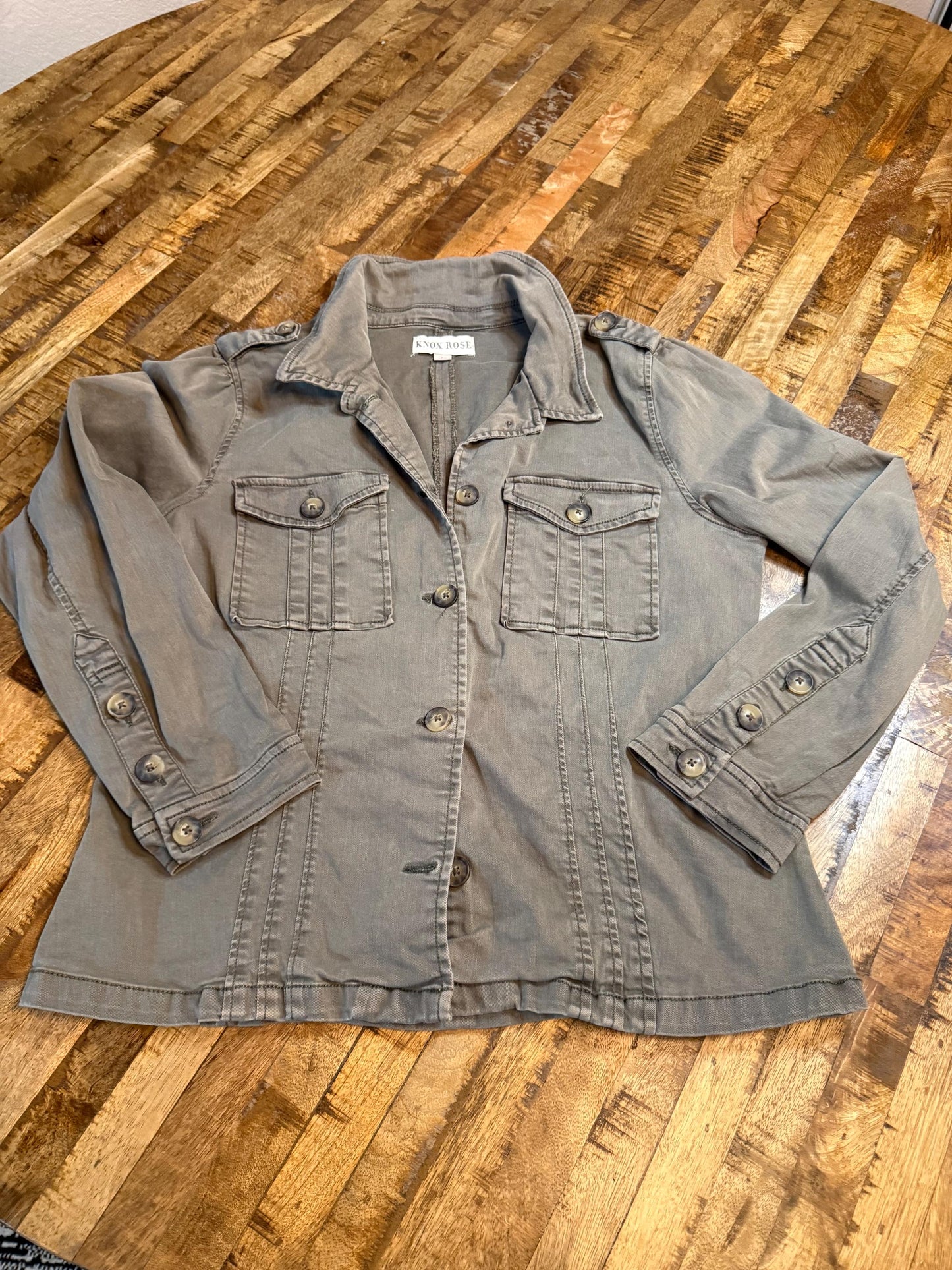 Vintage Olive Military Utility Jacket L KNOX ROSE – Button Front Field Jacket – Fortunate Son Inspo Closet