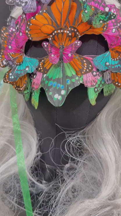 Fantasy Butterfly Mask Rainbow – Feather Butterfly Wing Mask – Fairy Masquerade Fae Costume – Renaissance Faire Festival Mask