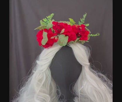 Geranium Gems Floral Halo Headdress, Red Flower Crown, Bold Floral Crown, Fairy Crown, Cherub Halo, Ren Faire Headpiece, Photoshoot Prop