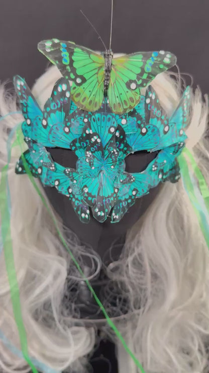 Fantasy Butterfly Mask - in Blue,Feather,Masquerade,Fae,Flower Fairy,Forrest Friend,Garden Pixie,Ren Faire,Larp, Costume,Role Play