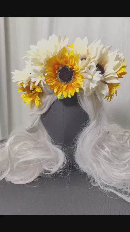 Sunkeeper Horned Headdress, Ram Horn Headpiece, Sunflower Flower Crown, Elven Tiara, Fairy Crown, Ren Faire Costume, Photoshoot Prop