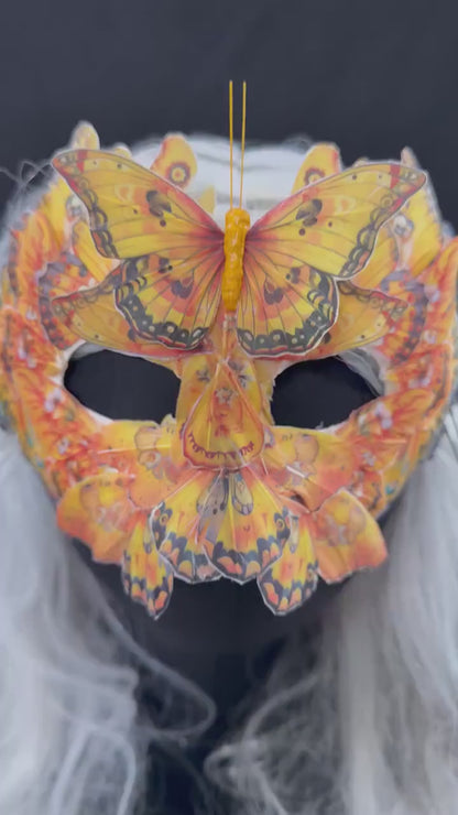 Fantasy Butterfly Mask Floral Yellow – Feather Butterfly Wing Mask – Fairy Masquerade Fae Costume – Renaissance Faire Festival Mask