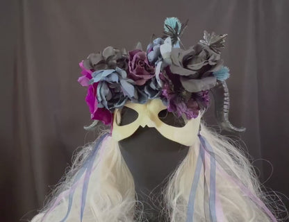 Horned Fantasy Mask – Ram Horn Skull Mask with Florals – Gothic Masquerade Cosplay Mask – Dark Fantasy Costume Mask