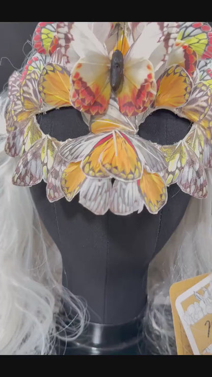 Fantasy Butterfly Mask Yellow – Feather Butterfly Wing Mask – Fairy Masquerade Fae Costume – Renaissance Faire Festival Mask